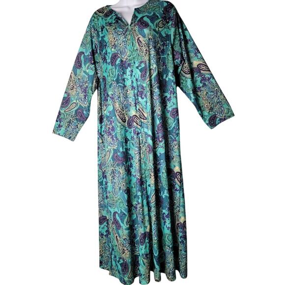 Collections Etc Paisley Caftan Lounge Dress Large Teal Purple Zip Front Maxi - Picture 1 of 9